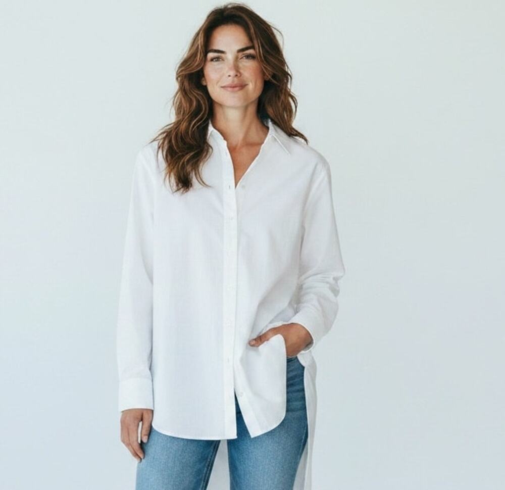 Frank & Eileen Shirt L White Cotton High Low Tunic Button Down Made USA Italy